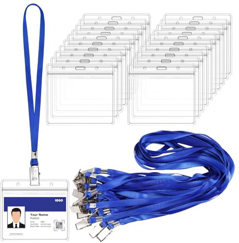 20 uppsättningar ID-kortfodral med blått, snodd med kortficka | horisontell ID-korthållare kortfodral transparent ID-fodral, vattentät, nyckelband för affärer, utställning, kontor, skolor