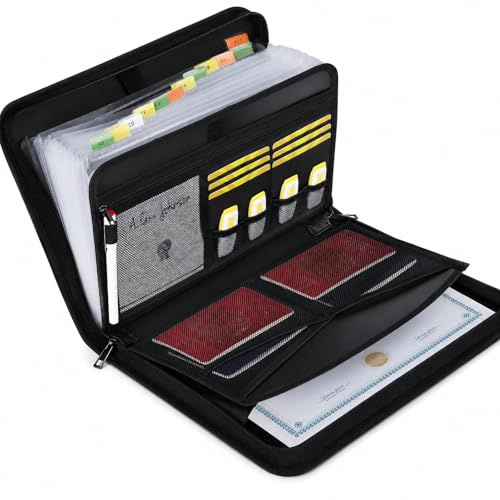 GOOGO Sac à documents ignifuge noir, chemise accordéon A4 pliable avec poignée et étiquettes, pour passeports, contrats, certificats et dossiers de voyage