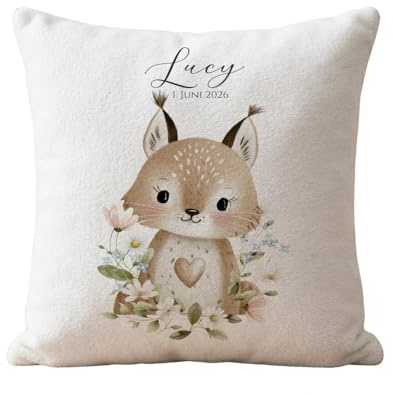 Personalisierte Kinderkissen mit Namen flauschig – Süße Waldtiere Motive im Boho Design – Kuschelkissen 40x40 cm inkl. Füllung für Baby & Kind – Geschenk zur Geburt, Taufe & Geburtstag (Luchs)