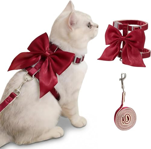 Harnais Et Laisse pour Chat, Noeud Rouge Harnais pour Chat, Harnai pour Chats Anti Evasion, Convient Aux Promenades en Extérieur, pour Les Chats Pesant de 3,5-6 KG (Rouge M)