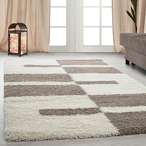 Carpetsale24 Hochflor Teppich Läufer 80x150 cm Beige-Creme – Weiche Shaggy Flokati Matte im Karierten Design – Dekorativer Bodenläufer für Flur, Küche oder neben dem Bett – Pflegeleicht