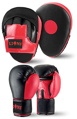 Lions Boxing Gloves and Pads Set - Sparring Gloves and Hook and Jab Pads Focus Punch Bag Mitts, Ideal for Martial Arts Mma Muay Thai Gym, Men Women Kids Boxing Set (10oz, Red)