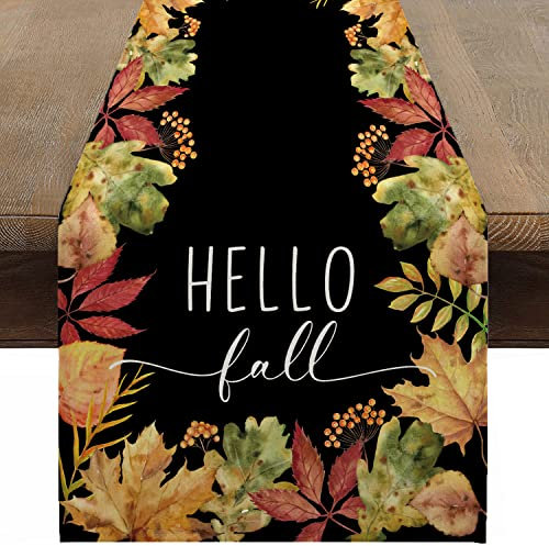 Sungeek Leinen Herbst Tischläufer, Bauernhaus Erntedankfest Herbst Themen Tischläufer Küche Esstisch Dekoration für Drinnen und Draußen Urlaub Party Wohnzimmer Dekor, 30 x 180 cm (Hello Fall)