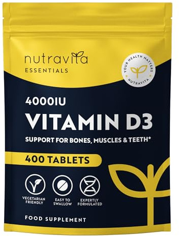 Nutravita Vitamin D Tablets 4000IU - 400 Vegetarian Tablets, 1 Year Supply | Vitamin D3 4000 IU High Strength D3 Vitamins - VIT D Supplement Supports Immune System & Bone Health - Made in UK
