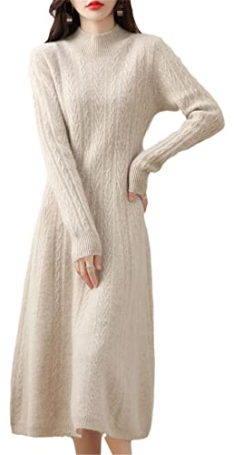 Hamthuit Damklänningar kashmirtröja stickad lång klänning ull kvinnor polokrage kontor kjol höst vinter, BEIgE, M