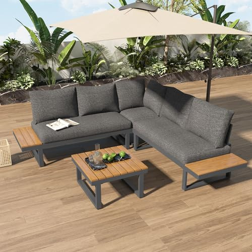 Merax Ensemble de meubles de jardin pour 4 personnes, avec table basse, cadre en métal solide, chaise longue avec dossier réglable, pour jardin, balcon et terrasse, avec coussins d'assise - Gris