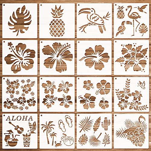 HOWAF 16 Stück Hawaii Thema Schablonen Zum Malen, Hibiskus Blumen Ananas Tropische Blätter Ananas Schablonen Malen Kunststoff Stencil Schablonen für Scrapbooking Handwerk DIY Schablonen Wandgestaltung