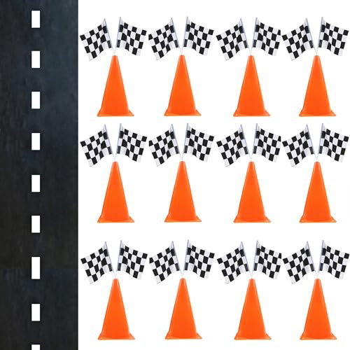 YOELVN 7inch Orange Racing Traffic Cones with Holes on Top,Checkered Flags,Racetrack Floor Runner,Race Car Birthday Party Supplies,Racing Car Table Centerpiece Decorations 38PCS for Kids Two Fast