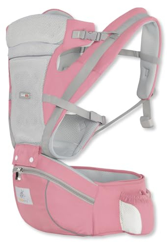 SONARIN Andningsbar 3-i-1 bärsele med höftstol, ergonomisk multifunktionell höftsits bärsele barnbärare ryggsäck främre bärare flera positioner för 0-36 månader (rosa)