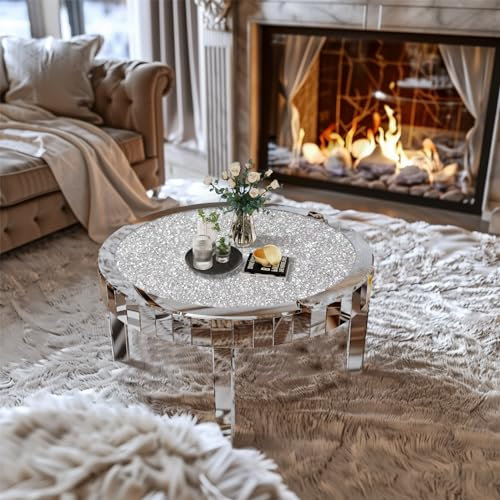 Artloge Couchtisch Rund Wohnzimmertisch Ø80: Verspiegelte Beistelltisch Kristall, Silber Kaffeetisch Modern glitzernder Spiegel Sofatisch Glastisch für Wohnzimmer 80×80 cm