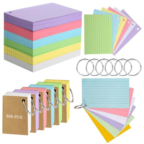 600 Stück Karteikarten mit Ring (13 x 8 cm) – Bunte, Beidseitig Beschreibbare Karteikarten aus Hochwertigem Papier, Ideal für Lernen, Notizen und Organisation