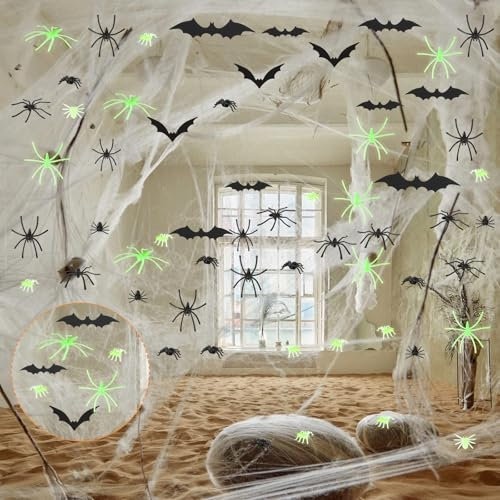 Halloween Spinnennetz, 300g Spinnennetz Dekoration mit 65 Spinnen und 12 Fledermaus, 1800 Quadratmeter Spinnweben Deko Halloween Spinnweben Dekoration für Outdoor Innen Horror Party