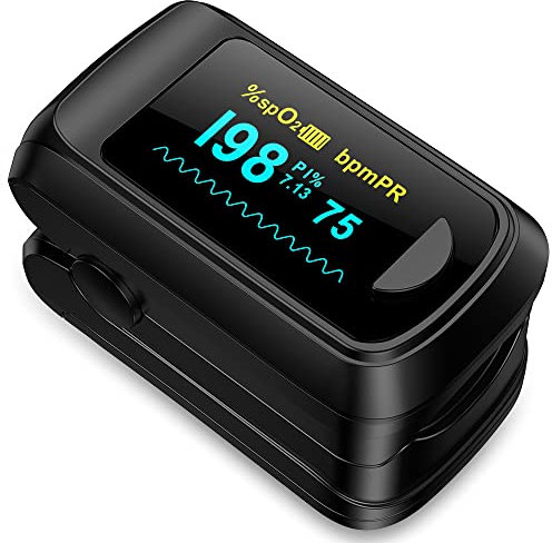 HealthTree Blutsauerstoffmonitor Finger für Erwachsene Tragbarer Sauerstoffmonitor, und schnelles Spo2-Sauerstoffmessgerät mit OLED-Bildschirm,Umhängeband,Batterien