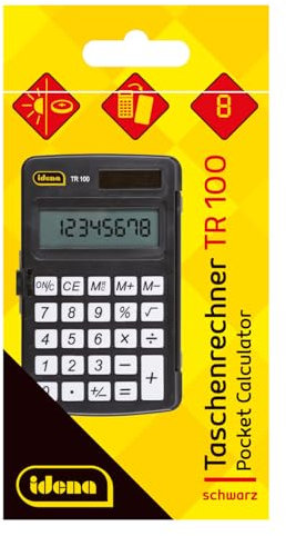 Idena 11094 - Taschenrechner TR100 mit Schutzdeckel, solarbetrieben inkl. Batterie, Bürorechner in Schwarz mit 8-stelligem Display, ca. 7,3 x 11,7 x 1 cm