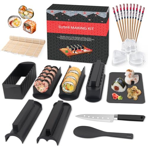 SKYSER Sushi Maker Kit 17 Pièces Outil de Sushi Making en Plastique avec 8 Formes Moule de Rouleau Riz à Sushi avec Fourchette Spatule DIY Kit de Sushi (noir+Pièces)