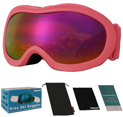 OUTDOORSPARTA Gafas de esquí para niños, casco de snowboard, compatibles con niños y niñas, edad 3-12, con protección UV 100% (11.Marco Rosa, Lente Completa Azul Espejado)