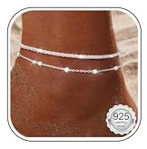 Diamday 2Pcs 925 Sterling Silver Ankle Bracelets Women Gold Silver Anklets | Adjustable Women's Anklets Waterproof Dainty Layered Anklet Set Ankle Chains Beaded Link Beach Anklets for Women