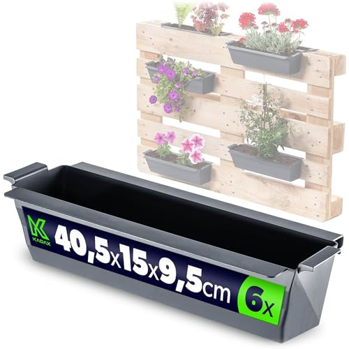 KADAX Set di 6 Fioriere per Europallet con Sistema di Aggancio - Antracite 37x9 cm in Plastica - Per Giardino Verticale su Pallet - Inserto pianteinsatz Resistente a UV e Intemperie