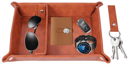 Vide-poche en cuir véritable - 23,9 x 19,8 x 4,8 cm - Organiseur avec porte-clés - Plateau de rangement en cuir pour clés, portefeuille, bijoux, montres, pièces de monnaie, télécommandes, téléphones