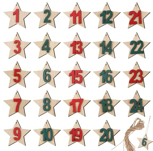 Simsky Calendario de Adviento con números de madera, 24 unidades, con diseño de estrellas, colgante de números de madera para manualidades, decoración de árbol de Navidad, calendario de cuenta atrás