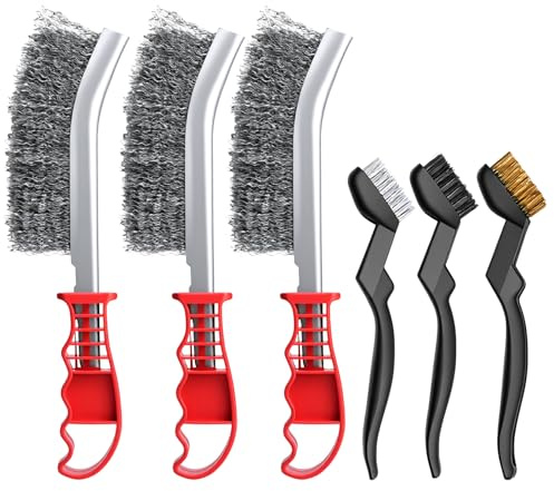 Juego de 6 cepillos de alambre de mano, 3 cepillos grandes de acero inoxidable, 3 pequeños de nailon de latón de acero inoxidable, cepillo de metal para eliminar óxido, pintura y escoria de soldadura