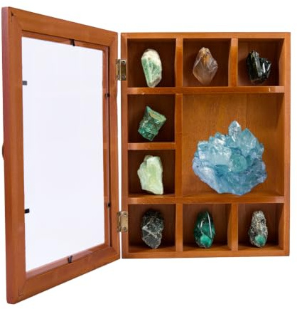 DICOSMETIC Wood Rock Display Case with Lid 9-Grid Rock Collection Shadow Box 19.5x25.9x6.9cm Wooden Display Case for Collectibles Trinket Gem Agate Mineral Crystal