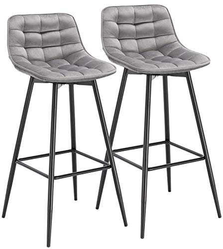WOLTU Barhocker 2er Set Designer Barstuhl Hocker Tresenhocker Bistrohocker mit Fußstütze Samt Metall Hellgrau