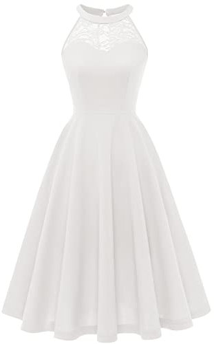 Bbonlinedress Abendkleider elegant für Hochzeit Sommerkleid Damen Neckholder festliches Kleid Brautjungfernkleider Jugendweihe Kleider weißes Ballkleid Ivory XS