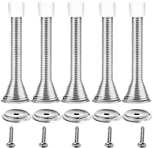 5 Pcs Spring Door Stops Wall Mounted Doorstop Metal Door Stoppers Long Silver Door Stops Chrome Door Stop Stainless Steel Rubber Door Stopper Indoor Outdoor Doorstops with Screws for Skirtings Walls