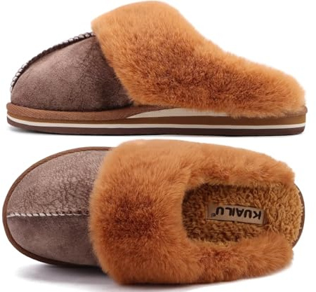 KuaiLu Zapatillas Casa Mujer Invierno Caliente Peluche Piel Cerradas Pantuflas Comoda Peludas Memory Foam Slippers Antideslizante Goma Suela Marrón 40
