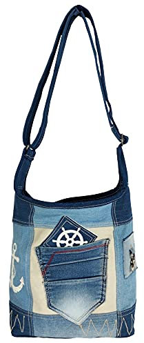 Sunsa Damen Hobo Tasche. Nachhaltige Umhängetasche aus recycelter Jeans & Canvas. Vintage Stil Maritim Tasche für Meerliebhaber in blau/beige