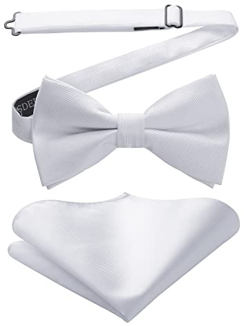 HISDERN Mens White Bow Tie Solid Color Pre-tied Bow Tie for Men with Pocket Square Set for Wedding Formal Tuxedo Adjustable Mens Bowtie with Handkerchief...