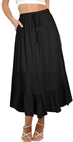 REORIA Women Skirts Elastic High Waist Maxi Skirts for Women Long Length Skirts with Pockets Black XXL