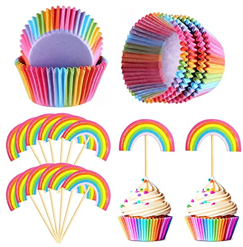 qingmeng Lot de 100 mini moules à muffins en papier - Caissettes - 12 pièces - Décoration arc-en-ciel - En forme de cupcake - Pour anniversaire d'enfant, fête prénatale, dessert, mariage
