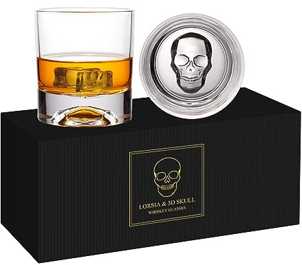 LORSIA Skull Whiskey Glass, Crystal Bourbon Glasses Set of 2 in Gift Box - 300ml Old Fashioned Glasses for Scotch Cocktail Rum Cognac Vodka Liquor, Halloween, Christmas,Thanksgiving Gifts for Men
