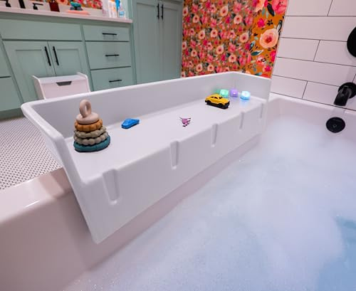 Tub Topper Kids Bathtub Splash Guard, Shelf & Toddler Bath Toy Tray, White