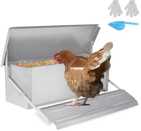 UISEBRT Comedero automático para pollos, 10 kg, acero galvanizado, comedero con pedal automático y tapa resistente al agua, alimentación de pollos para aves de corral, pollos, patos, huesos