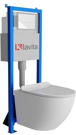 Lavita LAV 101 Vorwandelement für WC 40cm + Wand Hänge Tiefspül WC SOFI SLIM Weiß Spülrandlos + Bedienplatte LAV 200.3.1 Weiß | Komplettset | Unterputz Spülkasten | Toilette Komplett Sett