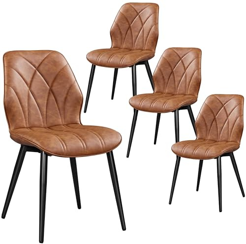Yaheetech Dining Chairs Set of 4 Modern Faux Leather Dining Room Chairs with Petal Accented Back and Sturdy Metal Legs Padded Kitchen Chair for Dining Room, Kitchen and Bedroom, Retro Brown