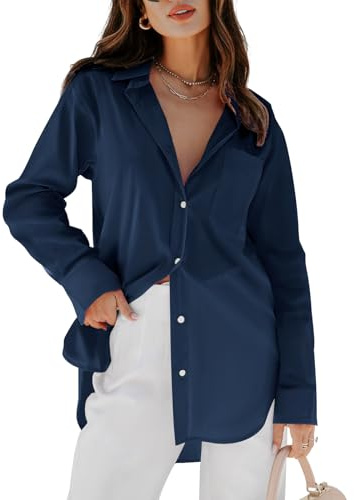 siliteelon Womens Button Down Shirts Dress Shirts Long Sleeve Blouses Wrinkle Free Solid Tunics Tops with Pockets - Navy Blue 2XL
