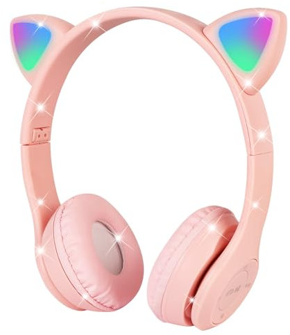 AXFEE Auriculares Inalámbricos para Niños, Auriculares con Orejas de Gato con Micrófono/Luces LED, Auriculares Plegables P47 para Niños, para Móvil/Tableta, Regalo de Cumpleaños/Navidad (Rosa)