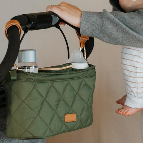 Schöner Kinderwagen-Organizer mit 2 Getränkehaltern – luxuriöse Kinderwagentasche, universelle Passform, Lederriemen und Reißverschlusstasche, geräumiges Zubehör, perfekt für Doona, Nuna und Uppababy