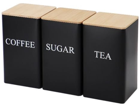 Agwuoetr 3 Piezas de Latas Selladas de Piezas, Estilo y Simple, Tapa de Bambú, Lata de Té de Hierro, Almacenamiento de Refrigerios, Lata Cuadrada en Grano de Café, Negro