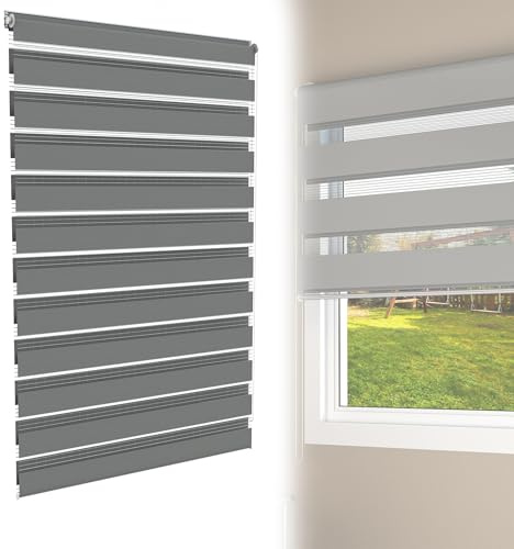 YRHome Grau Doppelrollo Klemmfix ohne Bohren B120 x H150 cm Klemmrollo Zebrarollo Fensterrollo Seitenzugrollo für Fenster & Türen mit Seitenzug Sonnenschutz UV-Schutz Privatschutz lichtdurchlässig