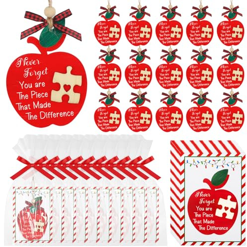 Geelin 24 Sets Christmas Teacher Gifts Bulk Ornaments 2026 Christmas Teacher Gifts Bulk with Apple Wooden Hanging Decorations Cards Ribbon Bags Personalized Appreciation Ideals for Xmas Tree Decor