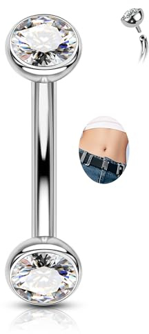 CM Crareesi Mania Titane Piercing Nombril 14G Belly Bar CZ Clair Percing au Nombril 16mm Longue Filetage Intérieur Bijou Piercing de Ventre pour Femmes Hommes