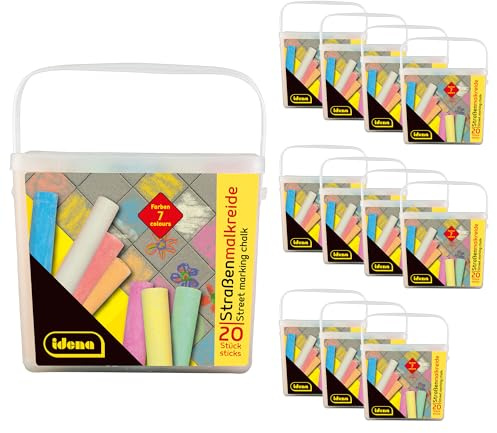 Idena 90442 - Craie de Rue en Seau avec Anse, 12 boîtes de 20 bâtons en 7 Couleurs, Craie de Rue pour Peindre l'asphalte, Les pavés ou Le béton