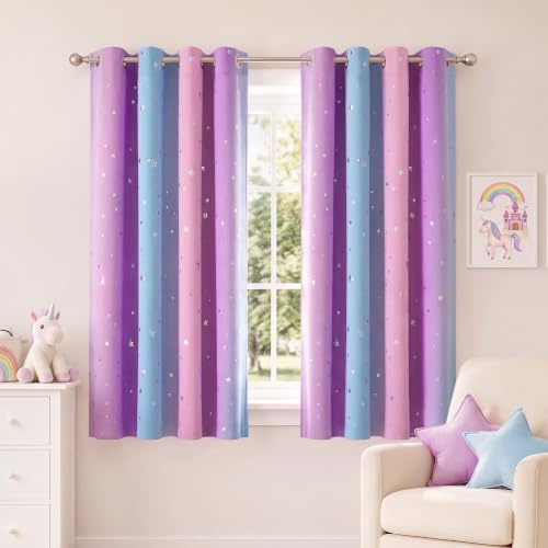 PONY DANCE Star Foil Printed Kids Curtains, Purple Blue Pink Ombre, 52x63 | 100% Blackout Eyelet Girls Curtains for Nursery & Bedroom, Thermal Insulated & Noise Reducing, Privacy Protected, 2 Panels