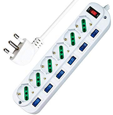 Extrastar Multipresa ciabatta elettrica 6 Posti 10/16A Bipasso Schuko 250V Max:2500W con interruttori indipendenti 1,5MT