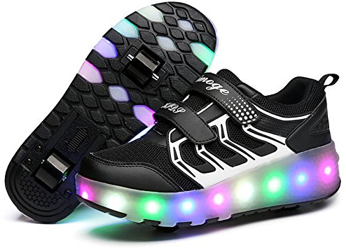 Unisex flickor pojkar skridskor, LED-skor med hjul, USB-uppladdningsbar enkel dubbel runda, automatisk skateboard för utomhussportskor, Svart Ws Double, 35 EU